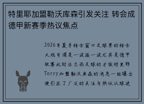 特里耶加盟勒沃库森引发关注 转会成德甲新赛季热议焦点